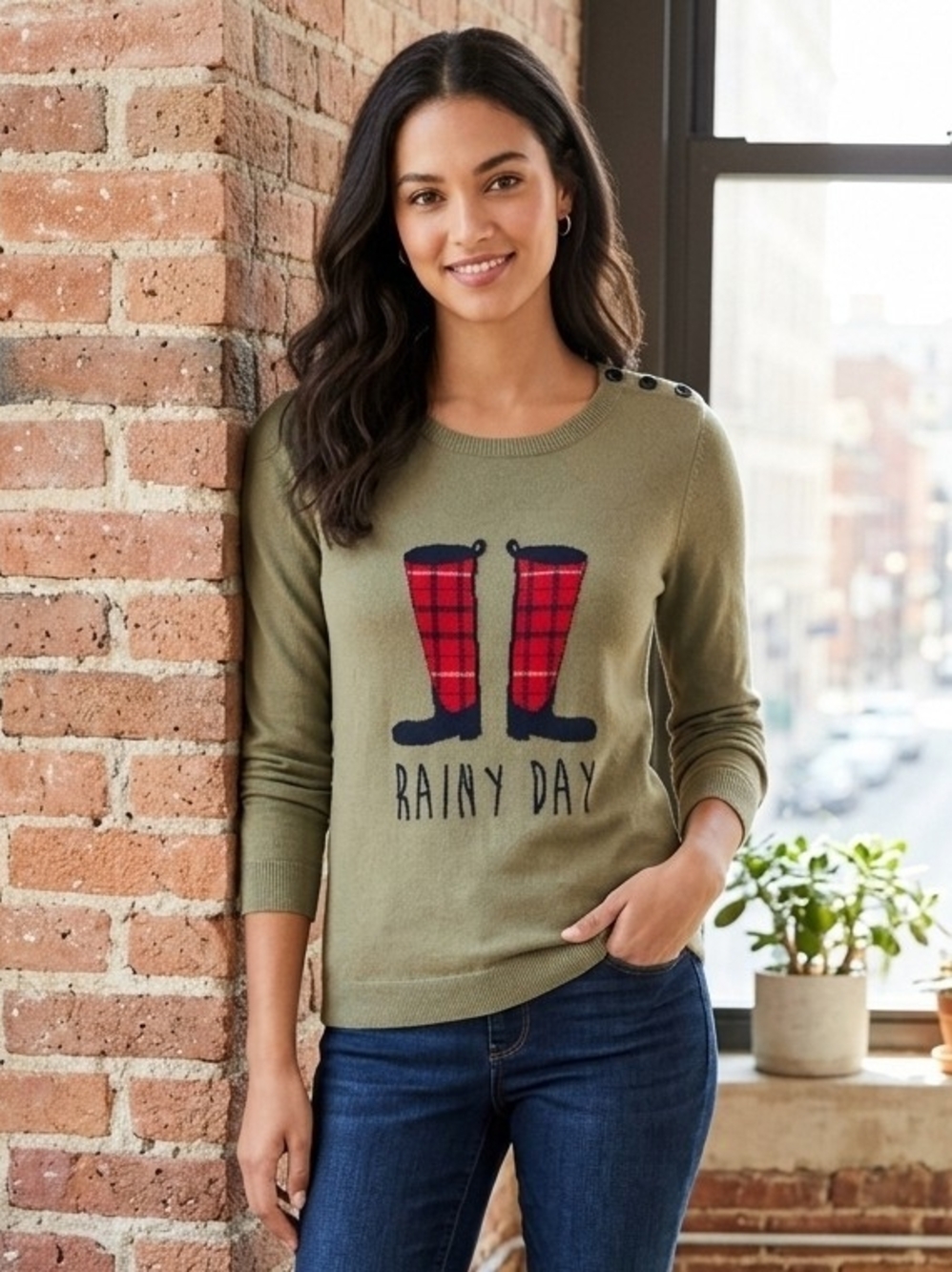 Talbots 'Rainy Day' Olive Green Crewneck Sweater with Plaid Rain Boot Graphic